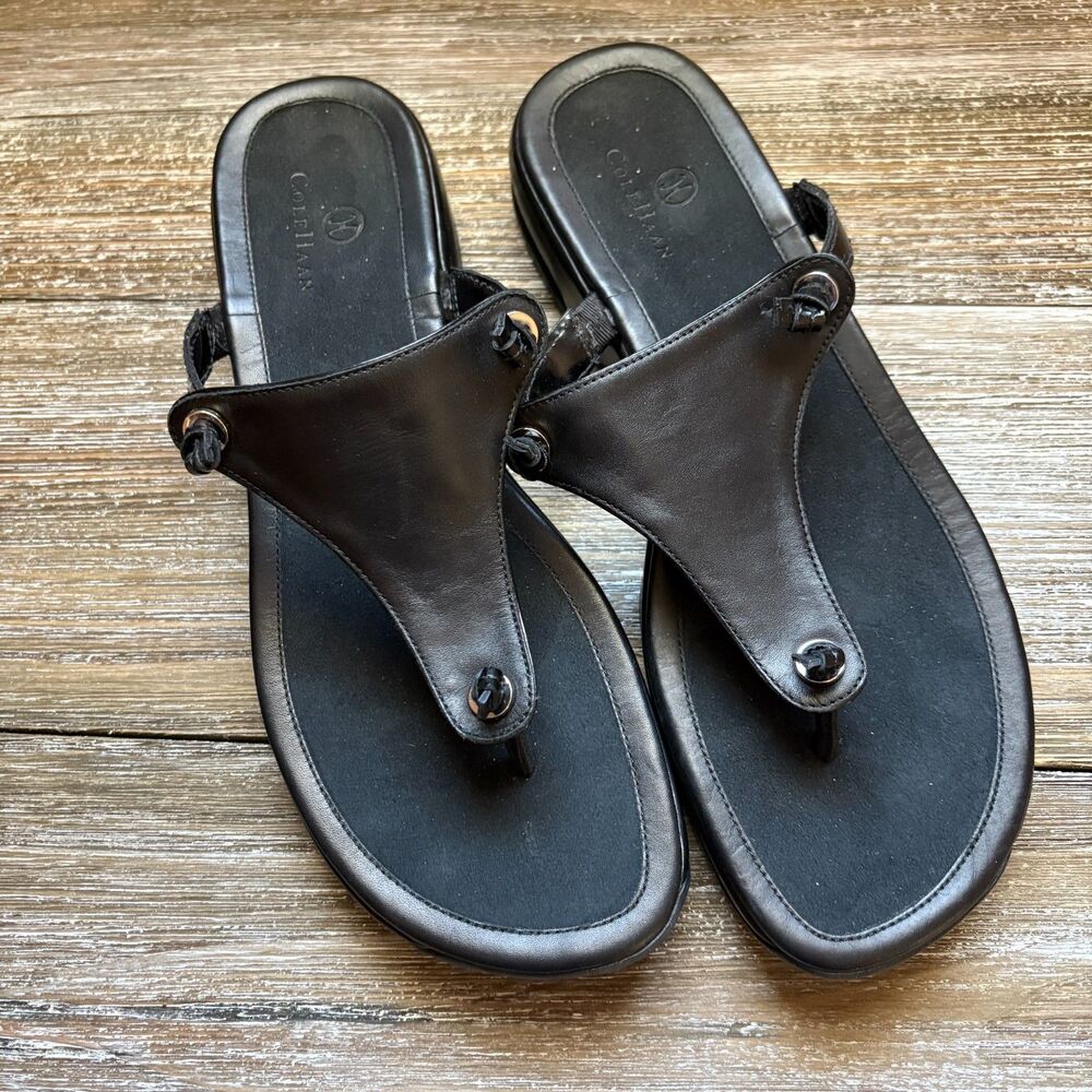 Cole Haan Air Sandals Womens 10B Black Leather Suede Thong Flats Comfort